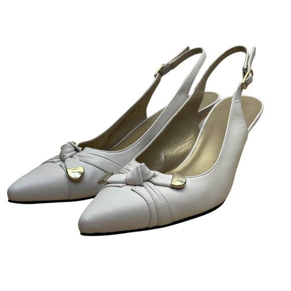 Stuart Weitzman Women’s White Leather Gold Tips Slingback Kitten Heels Size 8.5N - Picture 3 of 10